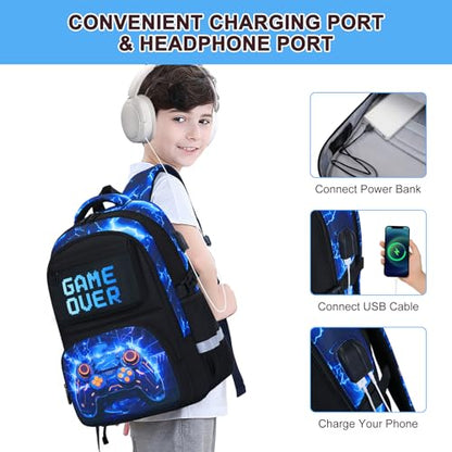 3PCS School Backpack for Boys, Cool Gamer Boys Backpack with Lunch Box and Pencil Case for Kids Kindergarten Teens Elementary Middle School Bag with Convenient Charging Port,Gaming Bookbag Waterproof - color: Blue Lightning