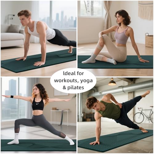 ILILI Yoga Mat, TPE Exercise Mat, Tear-Resistant, Fitness Yoga Mat with Carrying Strap, 72''x25''×0.3''(8mm), Ideal for Yoga, Pilates, Home Workouts, Stretching & All Fitness Routines - color: Dark Green