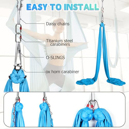 Aerial Silks Kit & Aerial Yoga Hammock - 11Yd Premium Fabric with Hardware - Easy Setup for Flying Yoga, Aerial Swing & Fitness - Supports Up to 14ft Rigging - color: Light Blue