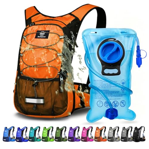 Mothybot Insulated Hydration Backpack Pack with 3L BPA Free Leak Proof Water Bladder, Large Storage Lightweight Hiking Daypack with Waist Pouches & Cooler Layer, for Running, Biking, Camping, Festival - color: Orange