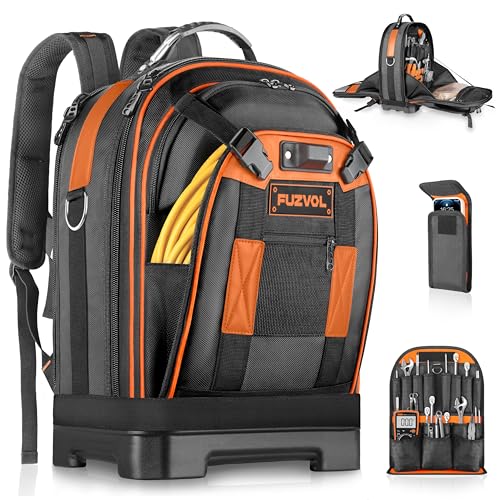 Heavy Duty Tool Backpack, 18-Inch Hard Shell Electrician Tool Bag, Full-Open Work Bag with Molded Base, Removable Tool Organizer, Laptop Compartment, HVAC Construction Backpack for Men, Orange - color: Orange