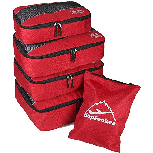 5 Set Packing Cubes for Travel Large Suitcase Luggage Organizer Bags Travel Accessories Vacation 4 Cubes 1 Laundry Pouch Bag - color: Red