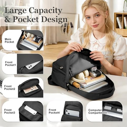 Cute Black School Backpack for Teens Girls Boys Waterproof School Bag Basic Backpack for College Students Multi Pocket Backpack Lightweight Casual Daypack Backpacks for Women Men - color: Black