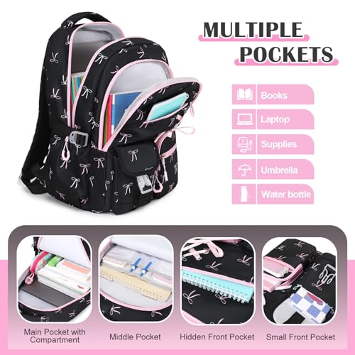 DIGOBAY Backpacks for Girls - 3PCS Girls Backpack with Lunch Box & Pencil Pouch School Backpacks for Elementary Middle High College School Bookbag for Teen Girl Kids Students Black-bow - color: Black-bow