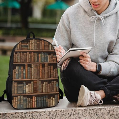 Library Bookshelf Book Backpack for Women Men, Durable 600D Polyester Bookbag with Large Capacity, Lightweight 17 Inch Laptop Backpack Minimalism Casual Daypack for Work, Travel