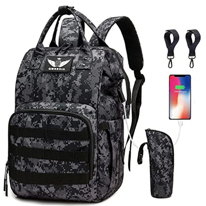 Diaper Bag Backpack with USB Charging Port Stroller Straps and Insulated Pocket,army military Travel Nappy Backpack for Dad/Mom (Black Camo) - color: Camo Black