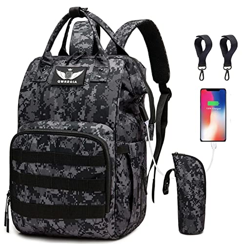 Diaper Bag Backpack with USB Charging Port Stroller Straps and Insulated Pocket,army military Travel Nappy Backpack for Dad/Mom (Black Camo) - color: Camo Black
