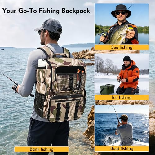 MGB 46L Fishing Tackle Backpack with 2 Rod Holders & YKK Zipper Storage Fishing Gear and Equipment, Gifts for Men Father - color: Brown Camo（without Tackle Box）