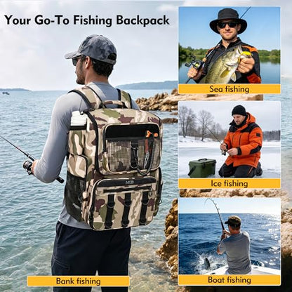 MGB 46L Fishing Tackle Backpack with 2 Rod Holders & YKK Zipper Storage Fishing Gear and Equipment, Gifts for Men Father - color: Brown Camo（without Tackle Box）