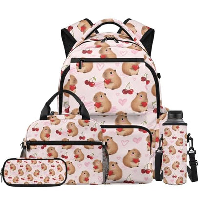 Cherry Capybara Backpacks for Kids Girls School Backpack with Lunch Box Water Bottle Sleeve and Zipper Pencil Case 4PCS Set Kindergarten Backpack for Girls Back to School Bags with Handle - color: Capybara Cherry