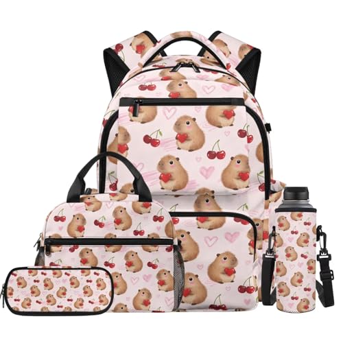 Cherry Capybara Backpacks for Kids Girls School Backpack with Lunch Box Water Bottle Sleeve and Zipper Pencil Case 4PCS Set Kindergarten Backpack for Girls Back to School Bags with Handle - color: Capybara Cherry