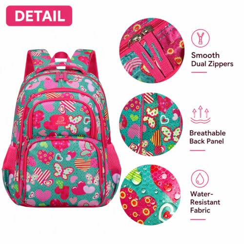 MYGOO Girls School Backpack Campus Butterfly Aqua Bookbag for Elementary Middle School Ages 5-12, 17 inch Large Capacity 24L Kids Student Travel Bags - color: Campus Butterfly Aqua
