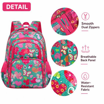 MYGOO Girls School Backpack Campus Butterfly Aqua Bookbag for Elementary Middle School Ages 5-12, 17 inch Large Capacity 24L Kids Student Travel Bags - color: Campus Butterfly Aqua