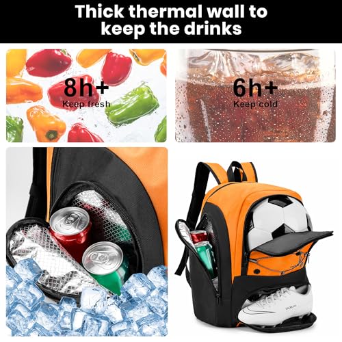 Soccer Backpack with Ball Holder,Youth soccer Bag for Basketball,Volleyball-Includes Separate Shoe Compartment&and Insulation (Orange) - color: Orange