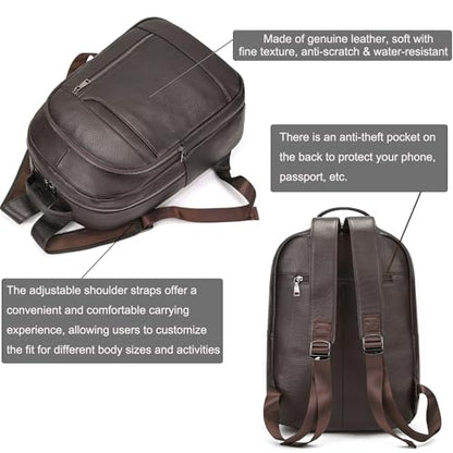 LUUFAN Genuine Leather Backpack for Men, Casual Shoulder Bag Multi Pockets Daypack 15.6 Inch Laptop Bag for Travel Business Outdoor, Brown - color: 8016-brown