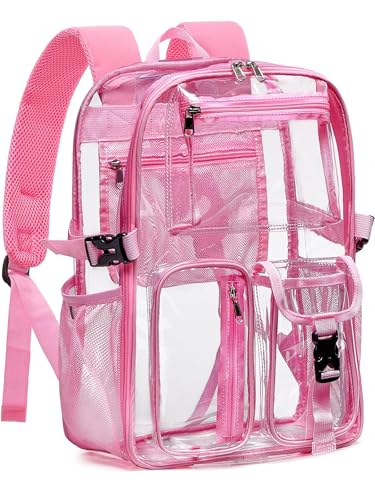 Clear Backpack Heavy Duty for Women Men Boys Girls, Large Clear Bookbag See Through Backpack for School College - color: 13-3#pink-3m Reflective Strips
