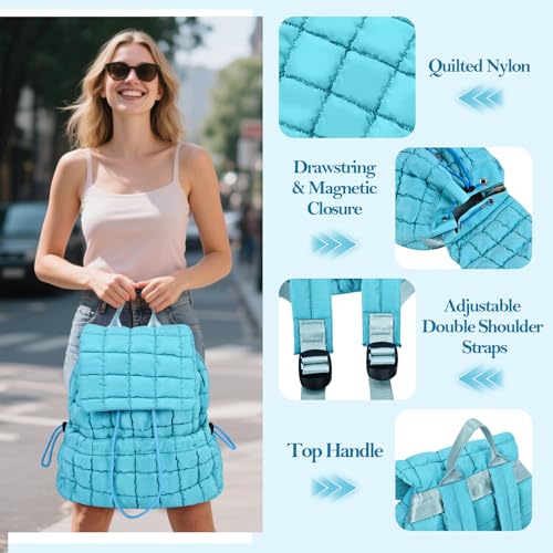 Quilted Puffer Backpack for Women Lightweight Soft Puffy Backpack Purse Casual Daily Drawstring Flap Daypack (Blue) - color: Blue