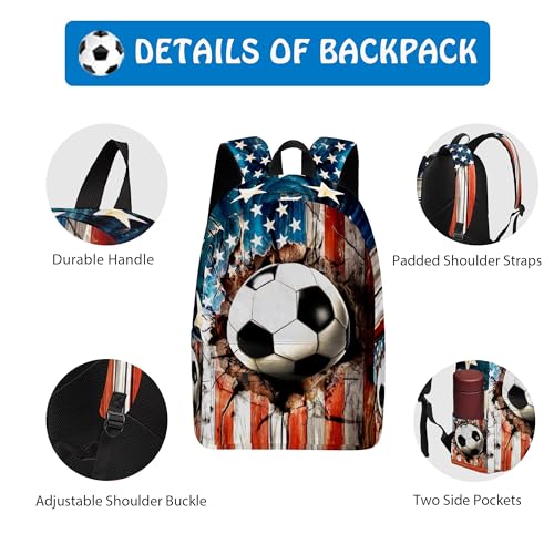 3PCS Backpack for Girls Boys,Teens Flag Soccer Back to School Backpack with Lunch Box Pencil Case, 17 Inch Lightweight Students Backpack 3 in 1 Set for Elementary Middle High School - color: American Flag Soccer