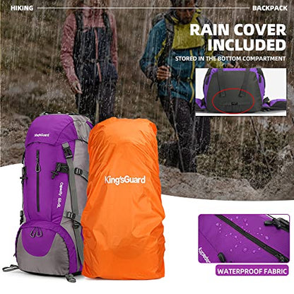 King'sGuard 70L Hiking Backpack with Rain Cover Lightweight Waterproof Travel Camping Backpack Large Backpacking Pack - color: Purple