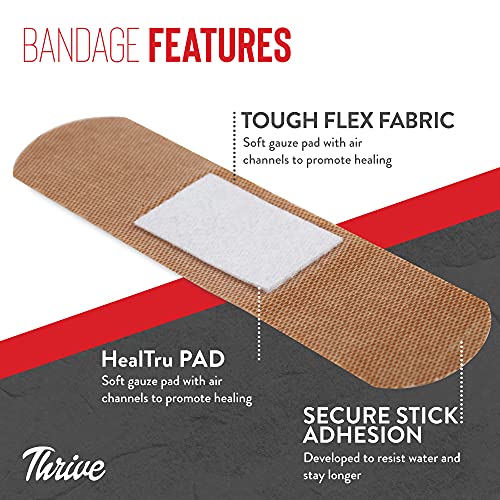 Thrive Fabric Adhesive Bandages Variety Pack - Zipper Pouch for Travel First Aid Kit - Waterproof & Latex-Free for Camping First Aid Kit - Multi-Size Strips for Medkit - Pack of 305, Red - style: 305 Bandages