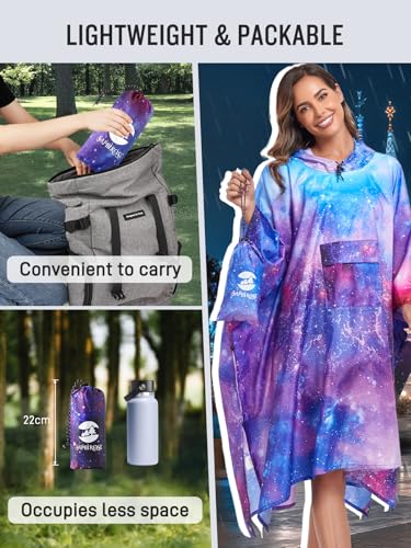 SaphiRose Extra Thick Hooded Rain Poncho Double Layer Waterproof Raincoat Jacket for Men Women Adults - color: Universe