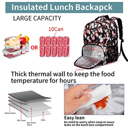 HILUSEN Lunch Backpack for Women, Insulated Cooler Lunch Box, Extra Large Work Backpack with USB Charging Port, Water Resistant 17 inch Travel Laptop Backpack - color: Black Pink