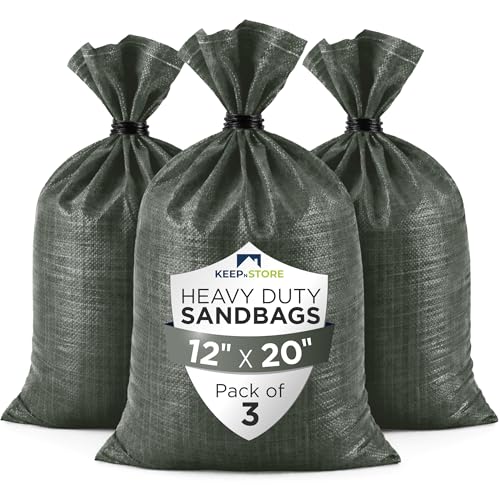Heavy Duty Sand Bags Pack of 3, Army Green Empty Sandbags with Built-In Ties, Woven Polypropylene UV Protection 1600 Hours, Fillable Bags for Flood Control, Weight, 12x20 inches, 25 Pounds Volume - size: 12"W x 20"L, style: Pack of 3