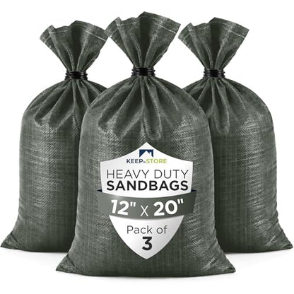Heavy Duty Sand Bags Pack of 3, Army Green Empty Sandbags with Built-In Ties, Woven Polypropylene UV Protection 1600 Hours, Fillable Bags for Flood Control, Weight, 12x20 inches, 25 Pounds Volume - size: 12"W x 20"L, style: Pack of 3