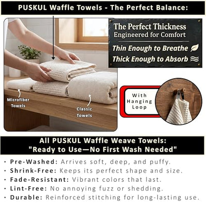 PÜSKÜL Undyed-Raw Waffle Bath Towels Set of 2-Piece | Organic Natural 100% Turkish Cotton Towel | Premium Quality Body Towels for Bathroom & Sauna | 32x63 inch Large Bath Sheet | Earthy Spa Experience - color: Natural Beige