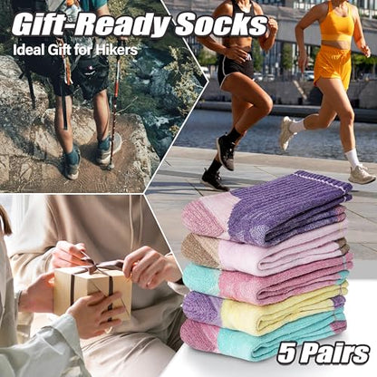 ANTSANG Merino Wool Hiking Socks, Enhanced Breathability, Targeted Cushion Thermal Socks for Men and Women, 5 Pairs - color: Yellow/Green/Purple/Pink, size: Medium
