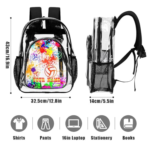 Custom Volleyball Clear Backpack Heavy Duty for Girls Kids Boys | Large Cool PVC Volleyball Theme Printing Transparent Backpacks for Schools Stadium Concerts Work - Clear/Black - color: Volleyball Clear Backpack 1 Black With Front Pocket Custom