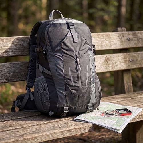 Hiking Backpack, Water Resistant Lightweight Outdoor Daypack with Breathable Padded Back, Multi-Pocket Travel Backpack for Camping Climbing Sports (Black) - color: Black