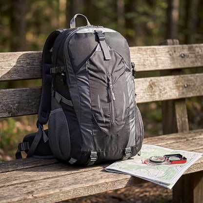Hiking Backpack, Water Resistant Lightweight Outdoor Daypack with Breathable Padded Back, Multi-Pocket Travel Backpack for Camping Climbing Sports (Black) - color: Black