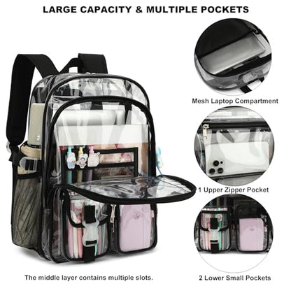Clear Backpack Heavy Duty Transparent Backpacks Stadium Approved for School Work Sport Travel (Black) - color: Black