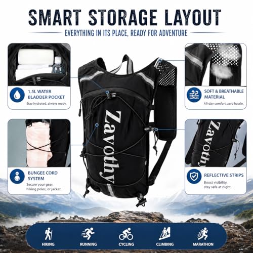 Zavothy Hydration Backpack with 1.5L Water Bladder, Lightweight Water Backpack for Women, Hydration Pack with Rain Cover for Running Hiking Cycling Festival, Reflective Bounce-Free Fit - color: Black