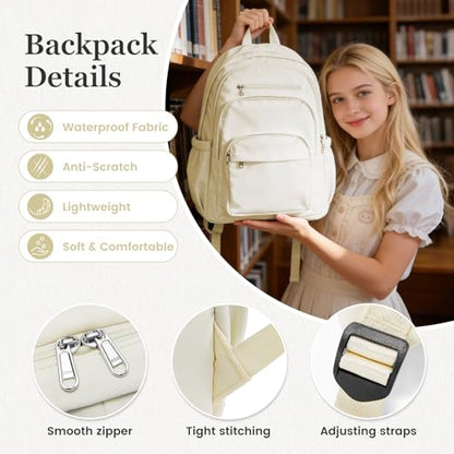 College Backpack For Women Men,Lightweight High School Bag,School Backpack With Lots Of Pockets,Cute Bookbag For Teens Boys Girls,Casual Daypack Backpack For School(Beige) - color: A2-white