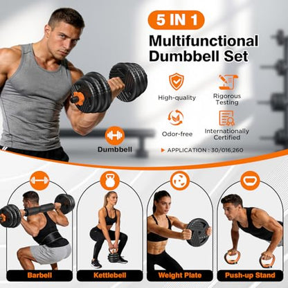 Adjustable Dumbbell Set, 33/44/66/88lbs Free Weights Set with Connector, 5 in 1 Weights Dumbbells Set Used as Barbell, Kettlebells, Push up Stand, Weight Plate, Exercise & Fitness Equipment for Home Gym Workout - color: 66LB (33LB-Pair)