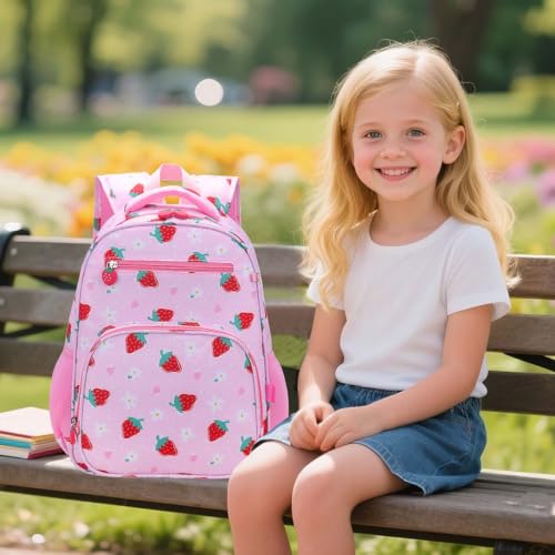 RHCPFOVR Kids Backpack for Girls - Girls Backpack 3-8 Ages Strawberry for Kids 15 Inch School Bookbag for Kindergarten Elementary School Bookbag for Girl 1st 2nd Grade - style: Pink Strawberry