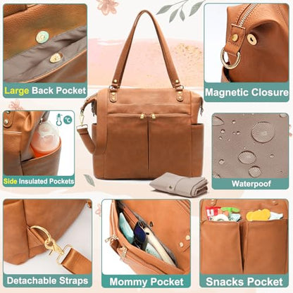 MOMINSIDE Diaper Bag Tote, 4 in 1 Leather Diaper Bag Backpack with 13 Pockets, Convertible Baby Bag for mom,Hospital bag Pañaleras Para Bebe, Changing Pad, 4 Large Insulated Pockets(Brown) - color: Brown
