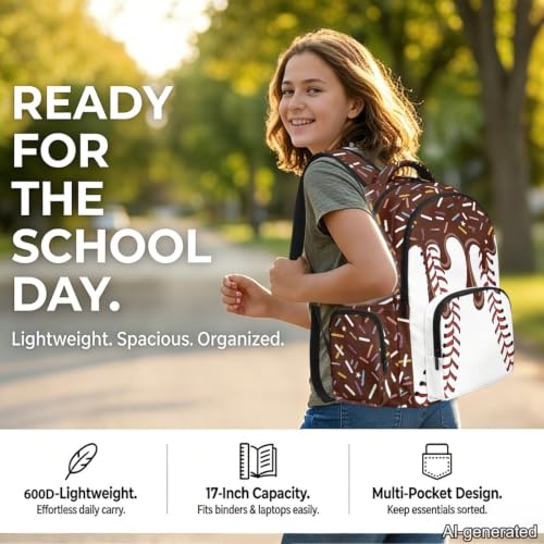Suobstales Brown Baseball Ice Cream Drip Print School Backpack for Kids Girls Boys School Bag Bookbags Laptop Backpack Casual Daypack Knapsack Satchel with Adjustable Straps for Outdoor Travel - color: Brown Baseball Ice Cream Drip