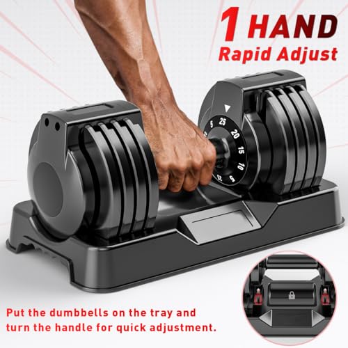 Adjustable Dumbbell Set of 2, 110lbs/50lbs Free Weights Dumbbell Set, 5-in-1/10-in-1 Quick-Lock Hand Weights, 25lbs/55lbs Pair with Anti-Slip Texture Handle, Weight Set For Home Gym Suit both Men and Women - color: Black 25LB Set of 2（Round）5 in 1
