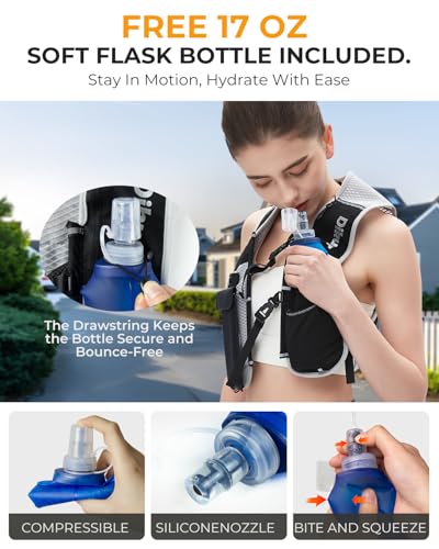 Running Vest for Women Men, Lightweight Hydration Runner Vest with Transparent Waterproof Phone Pocket, 17oz Soft Flask, Adjustable Chest Straps Reflective Backpack for Hiking Cycling Jogging - style: Grey