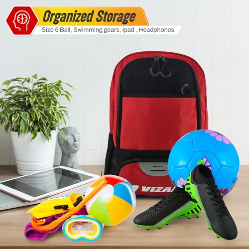 Vizari Soccer Backpack Soccer Bag | Water resistant Durable Equipment Bag for Football, Basketball, Volleyball | Cleats and Ball Compartment - Red,Blue,Pink,Black - color: Black/Red