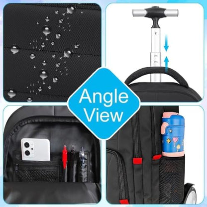 CCJPX 3Pcs Men & Boys Rolling Backpack with Bigger Wheels, Extra-Large Wheeled Bookbag with Lunch Box, Water Resistant Extra-Large Roller Luggage for Travel, Work, College (Black) - color: Black(upgrade Large Wheel)