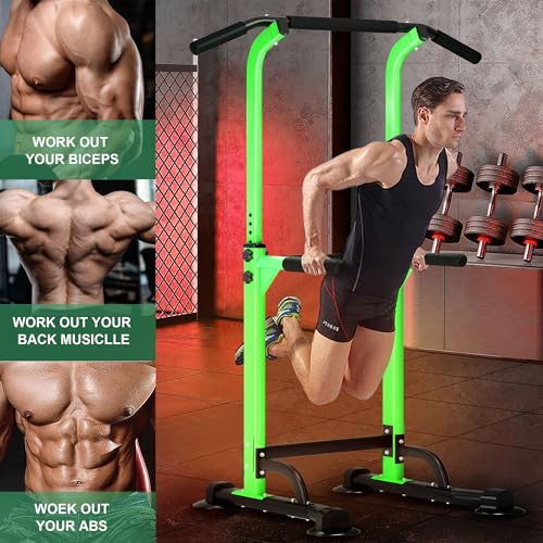 SogesPower Power Tower Dip Station Pull Up Bar for Home Gym Adjustable Height Strength Training Workout Equipment,Pull Up Bar Station - color: Green