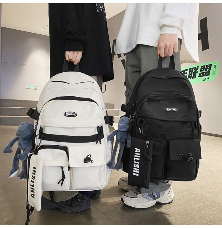 Urban Cargo Backpack, Multi-Pocket Nylon Daypack with Detachable Pouch & Plush Charm for Commute, Travel & Daily Use (white) - color: White
