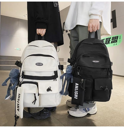 Urban Cargo Backpack, Multi-Pocket Nylon Daypack with Detachable Pouch & Plush Charm for Commute, Travel & Daily Use (white) - color: White