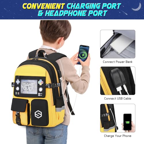 Scothen Boys Backpack, Cool Luminous School Backpacks for Boys with Lunch Bag Pencil Case, Kids Backpack Kindergarten Elementary Middle School Book Bags for Teen Boy Children with USB Charging Port - color: Yellow