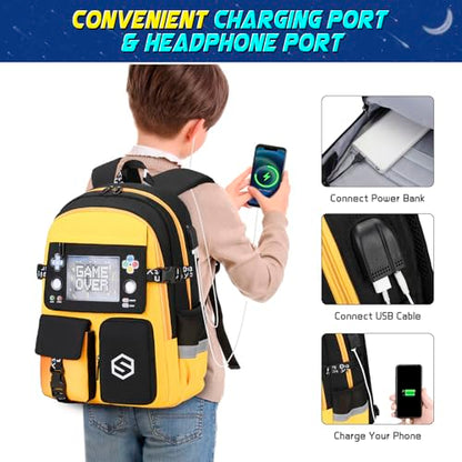Scothen Boys Backpack, Cool Luminous School Backpacks for Boys with Lunch Bag Pencil Case, Kids Backpack Kindergarten Elementary Middle School Book Bags for Teen Boy Children with USB Charging Port - color: Yellow