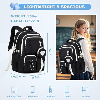 MOONBABY Girls Backpack, Kids Backpack for Girls, School bag for Primary Elementary Teenage, Middle School Students Bookbag - color: Black